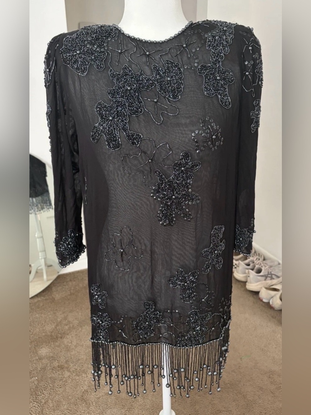 Vintage 80s Shoulder Pads and Intricate Beading Women’s Navy Tunic M/L